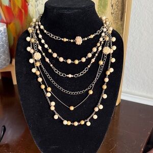 Multi-Layer Champagne Faux Pearl Gold Silver Tone Statement Necklace | Boho Chic